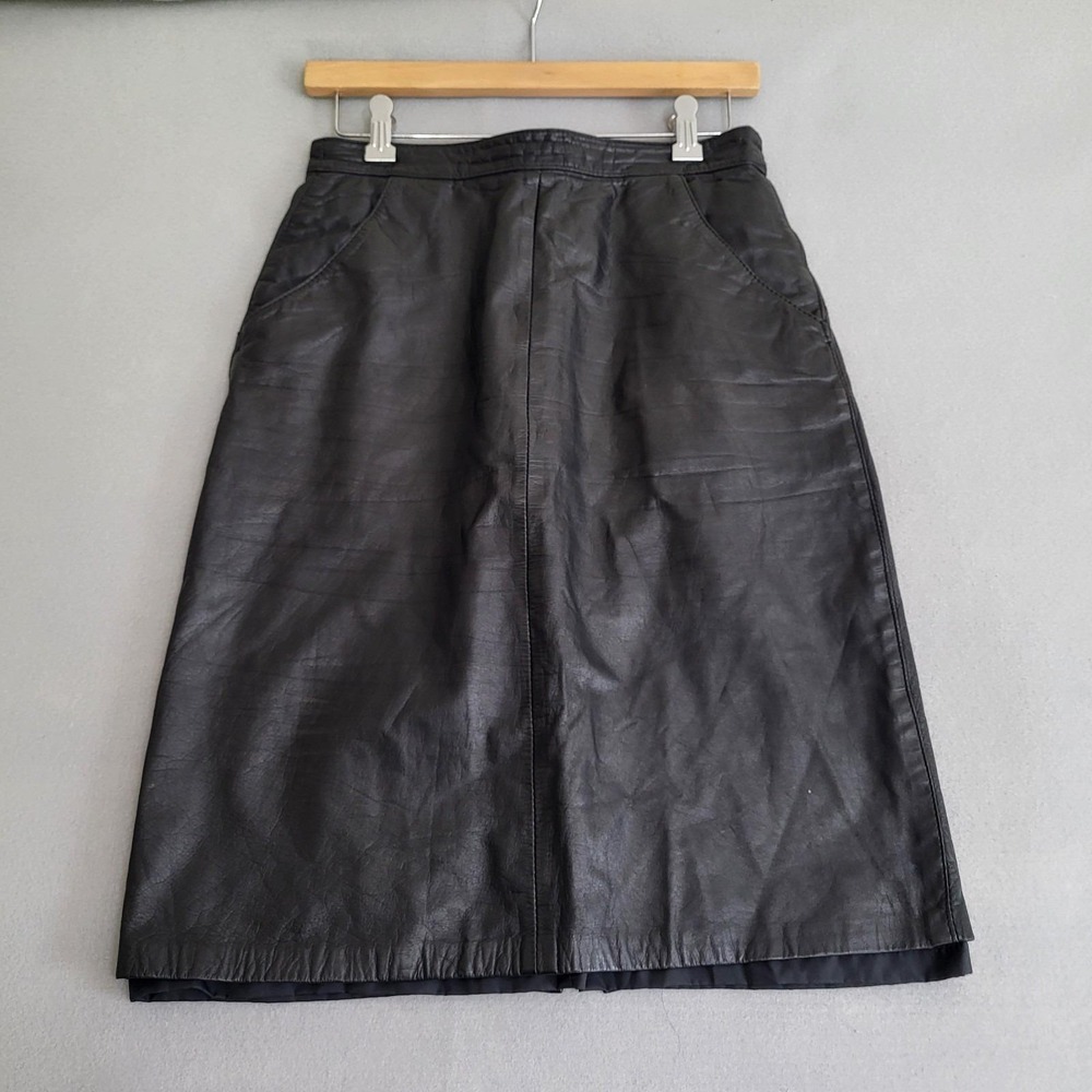 VTG Leather Loft Black Leather Knee Length Pencil Skirt Lined Women's Size 9/10